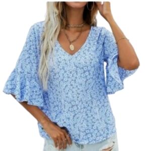 Shein Blue White Floral Flare Slv Blouse Sz XL